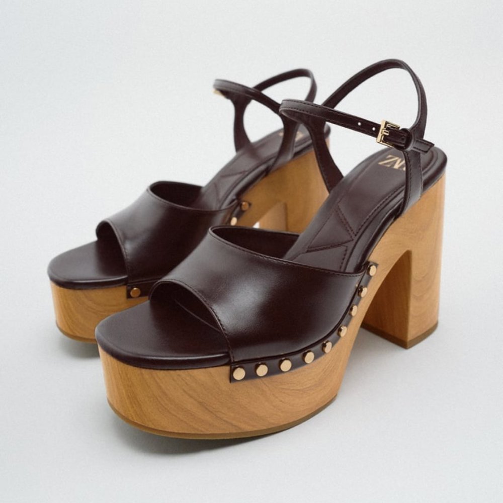 Zara Brown Leather and Wood Platform Sandal (Size 38 Euro/7.5 US)